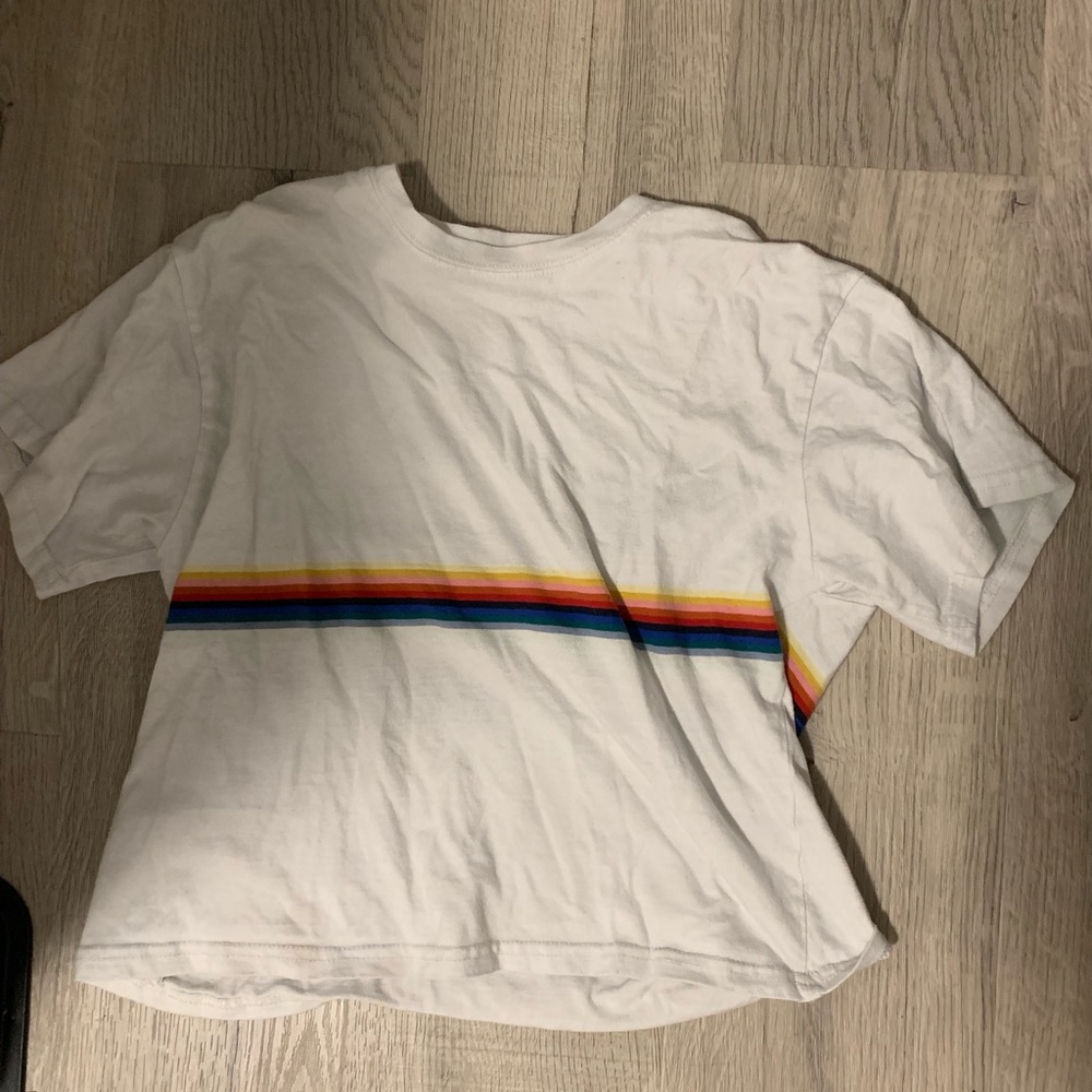 White cropped shirt with colored stripes
